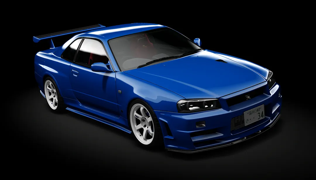 BANKSY. Nissan Skyline GT-R R34 V-Spec in the Bayside Blue 1 livery